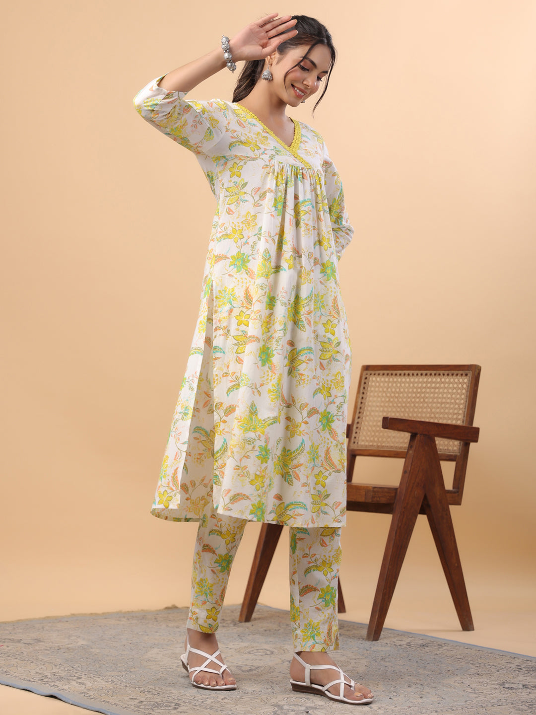 White Cotton Printed A-Line Kurta Set
