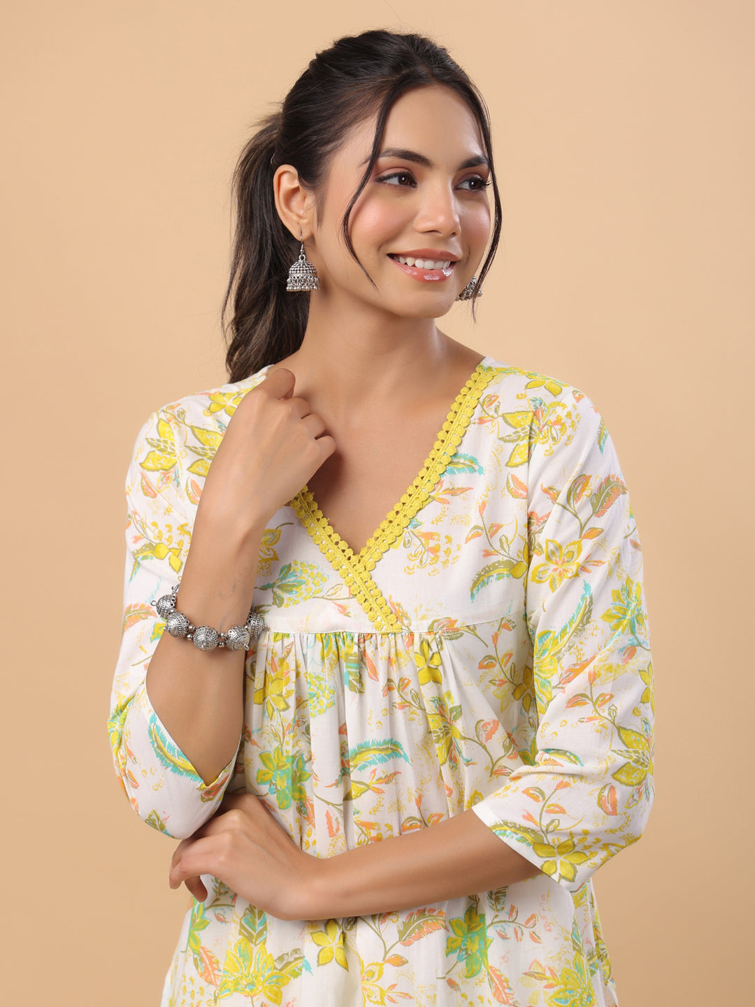 White Cotton Printed A-Line Kurta Set