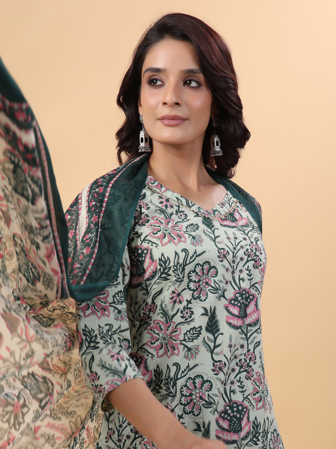 Mint Green Cotton Floral Regular Kurta Set