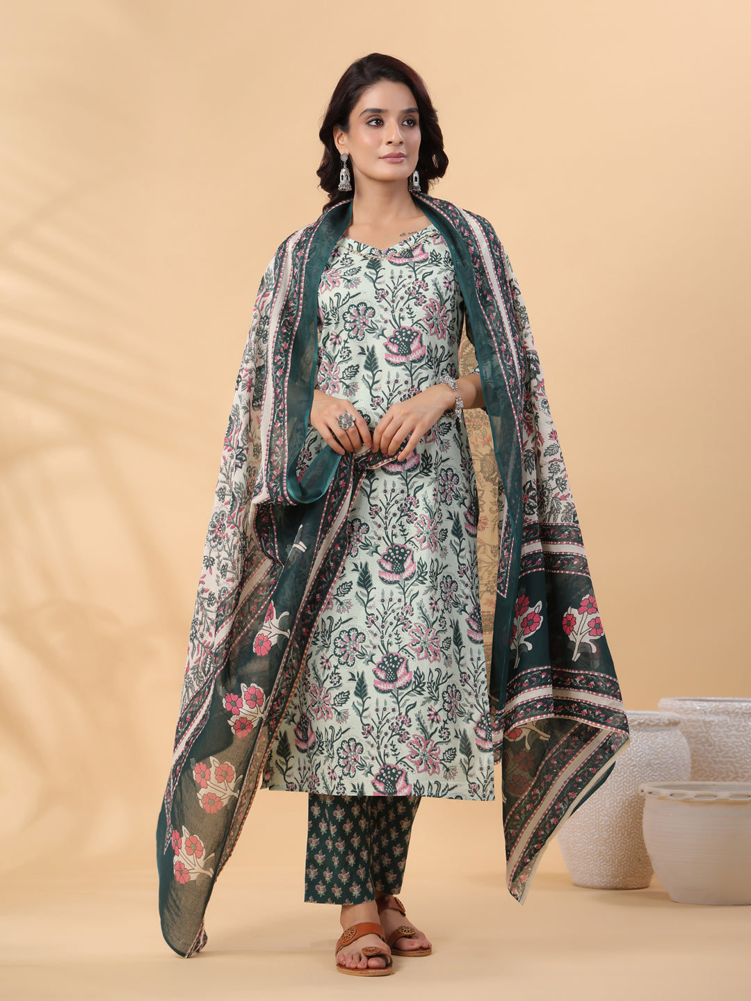 Mint Green Cotton Floral Regular Kurta Set