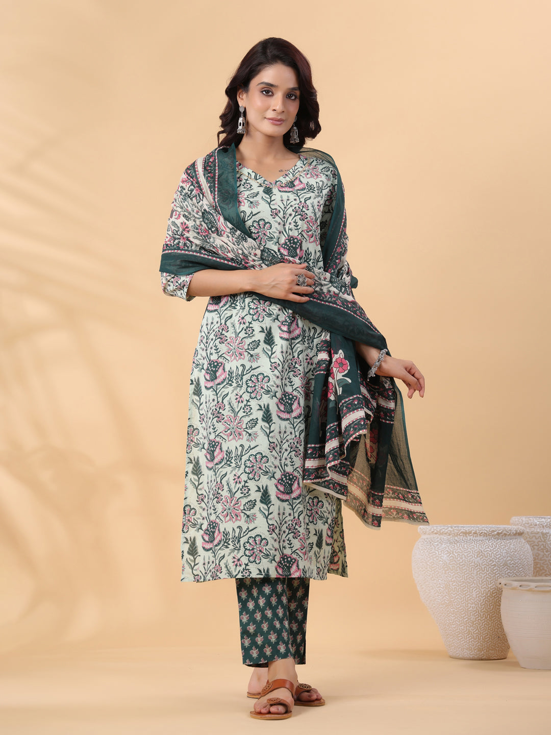 Mint Green Cotton Floral Regular Kurta Set