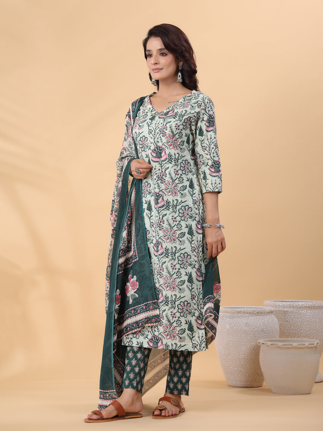 Mint Green Cotton Floral Regular Kurta Set