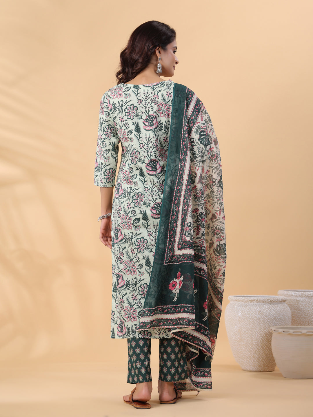 Mint Green Cotton Floral Regular Kurta Set