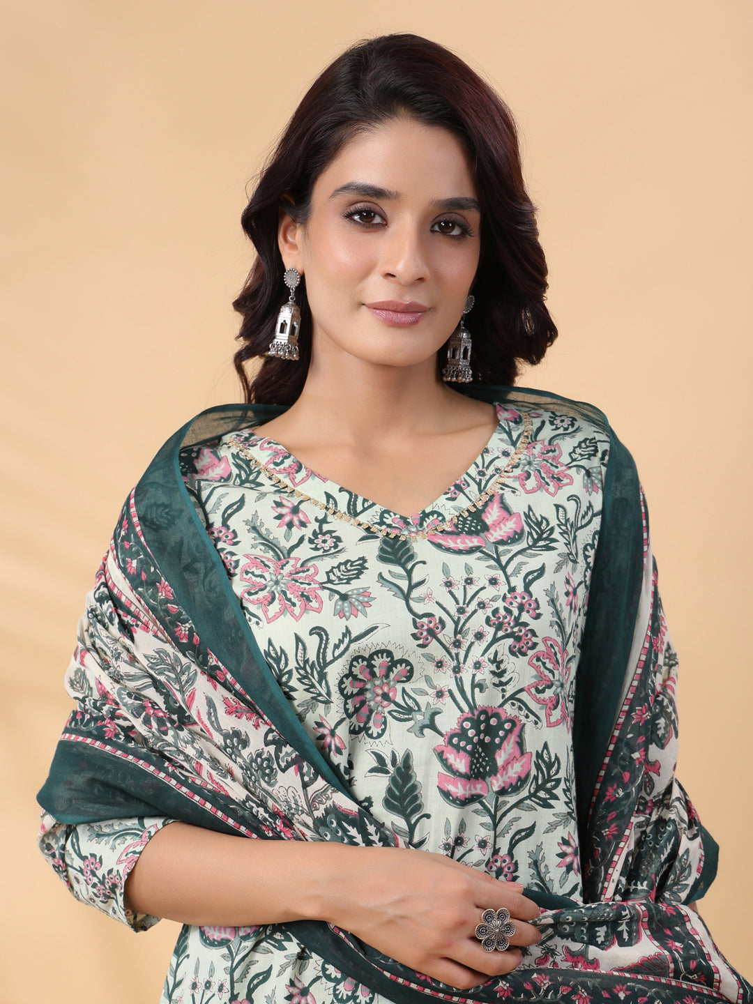 Mint Green Cotton Floral Regular Kurta Set