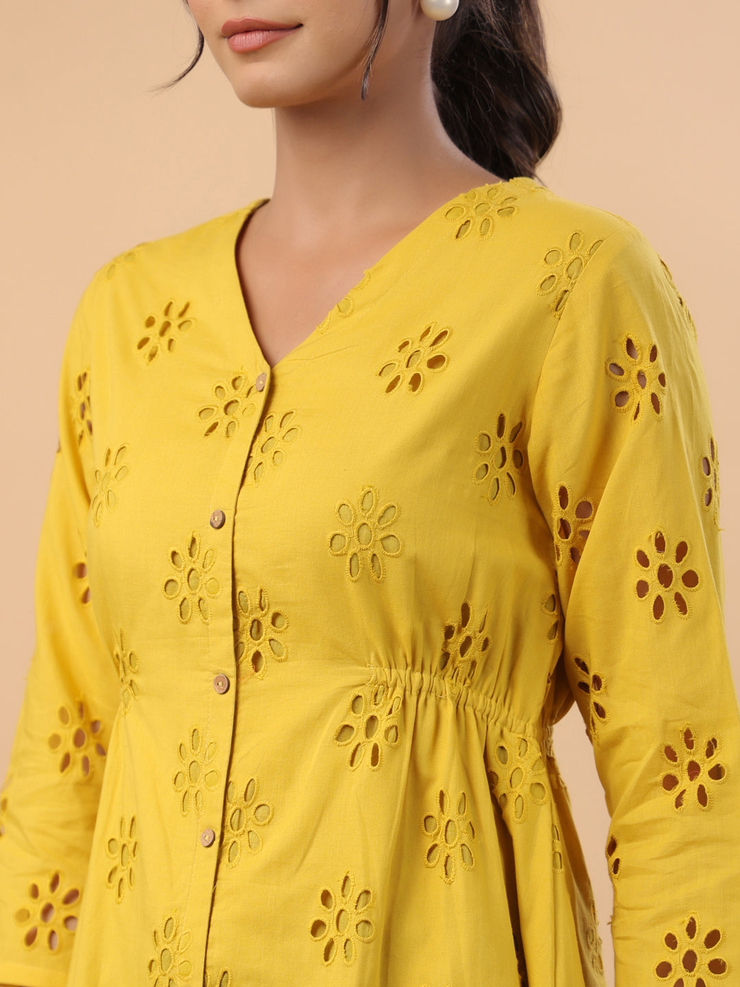 Mustard Cotton Schiffli A-Line Tunic