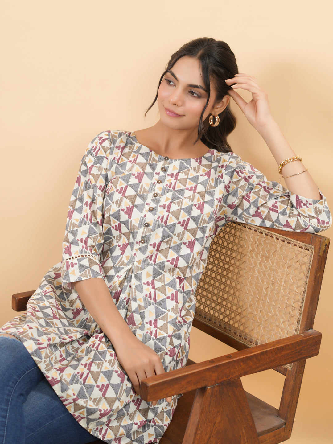 Off White Cotton Geometric Regular Tunic