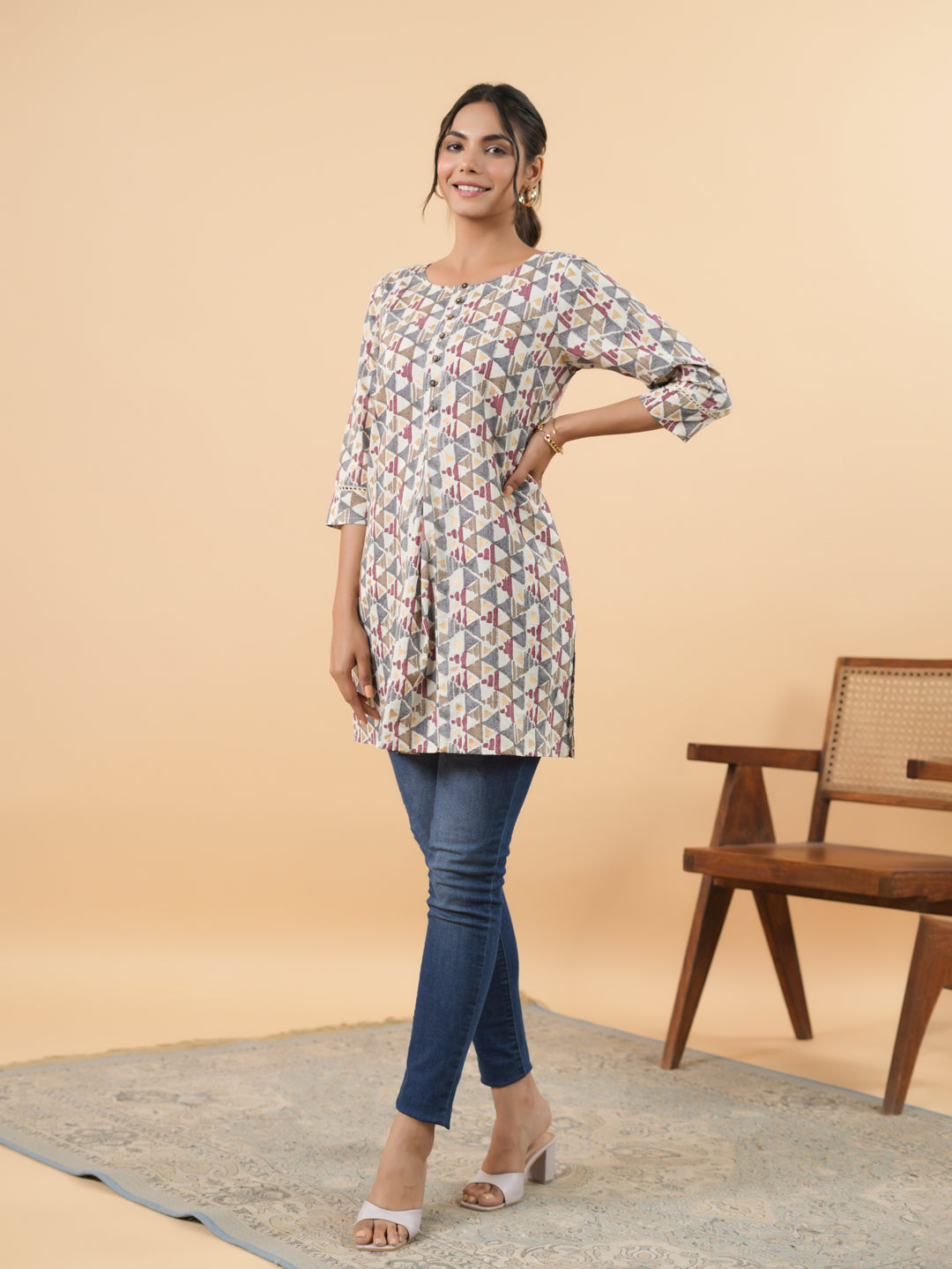 Off White Cotton Geometric Regular Tunic