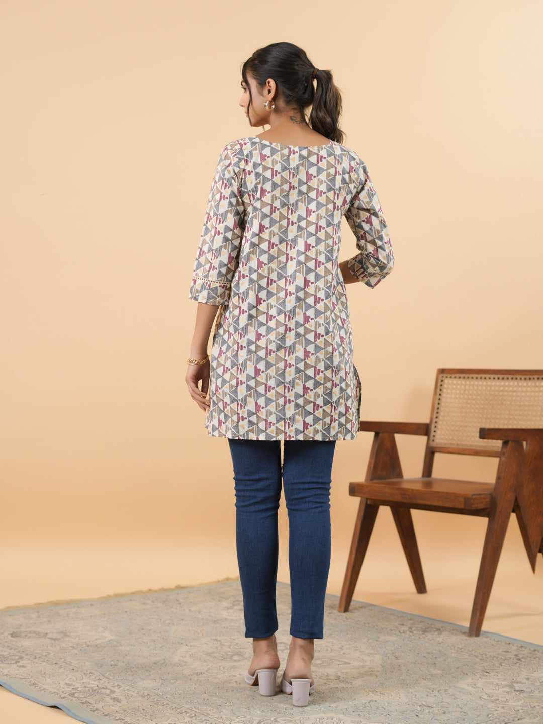 Off White Cotton Geometric Regular Tunic