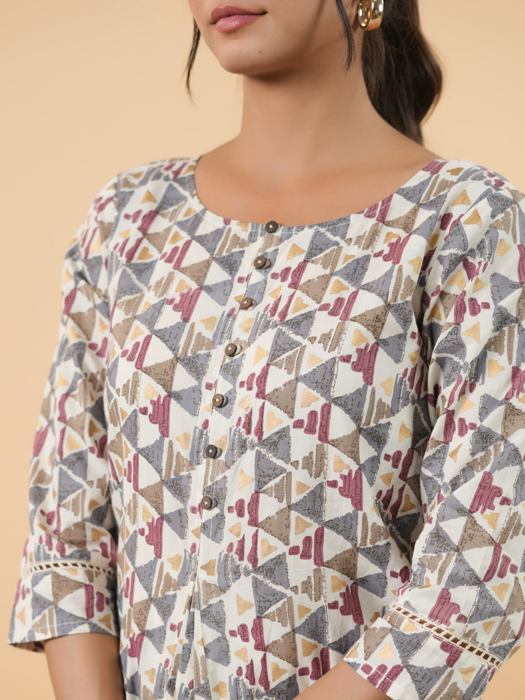 Off White Cotton Geometric Regular Tunic