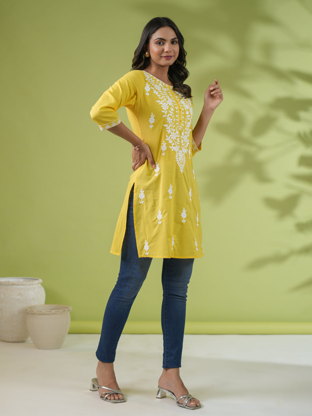 Yellow Cotton Chikankari Regular Tunic