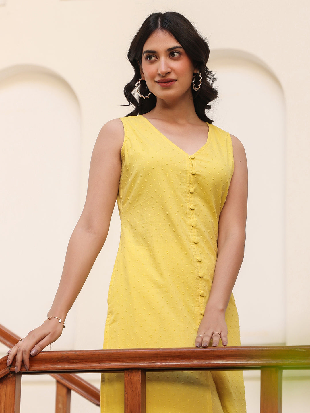 Yellow Dobby Pure Cotton Self Design Straight Kurta Pant Set