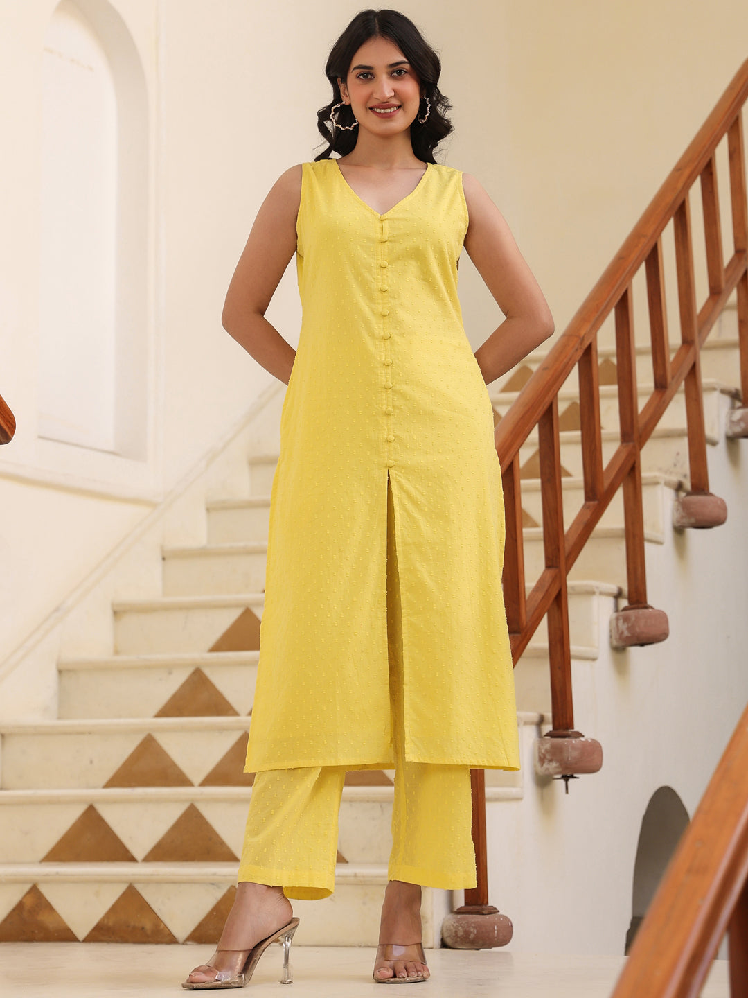 Yellow Dobby Pure Cotton Self Design Straight Kurta Pant Set