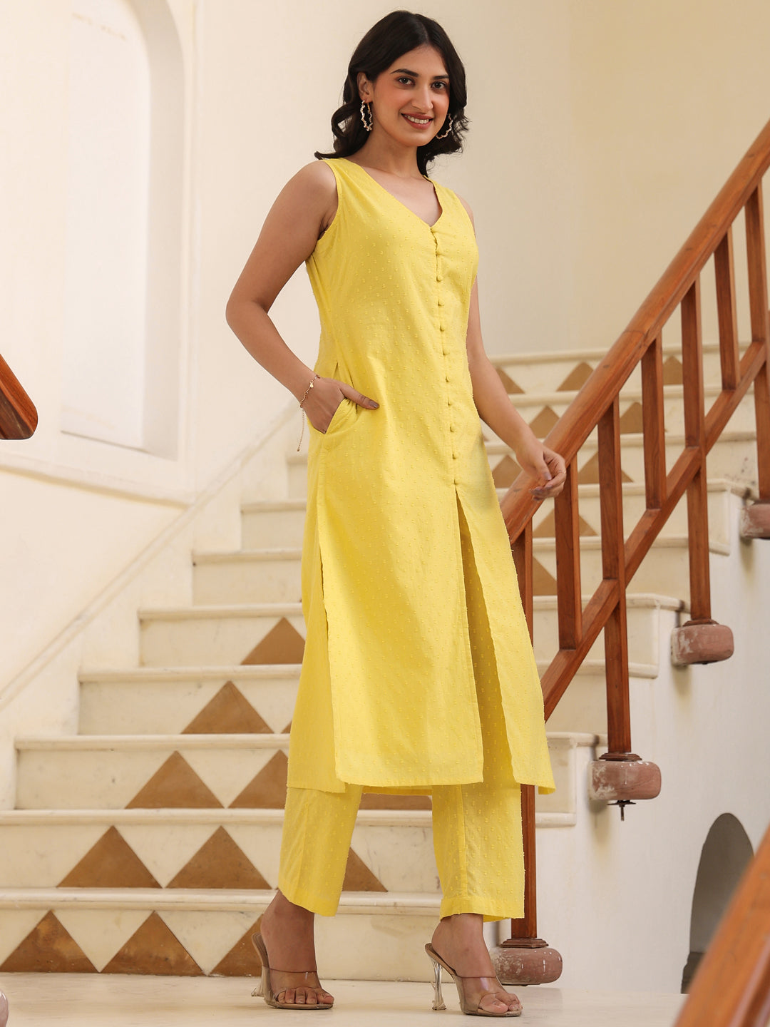 Yellow Dobby Pure Cotton Self Design Straight Kurta Pant Set