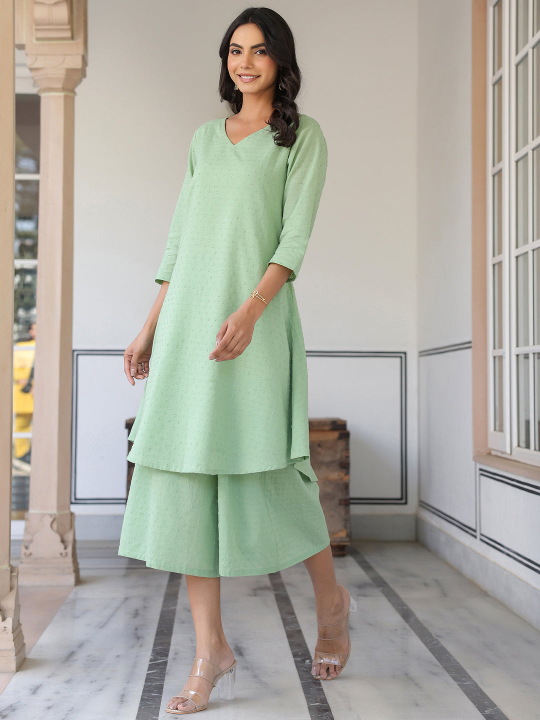 Green Dobby Pure Cotton Self Design A-line Kurta with Cullote Pant Set