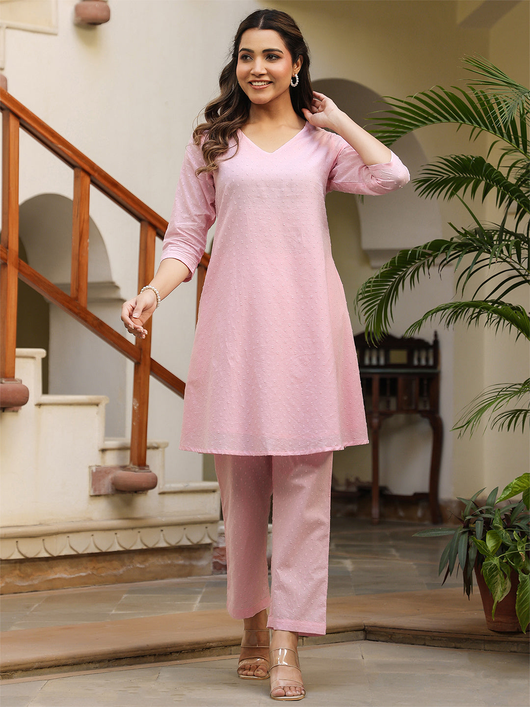 Light Pink Dobby Pure Cotton Self Design A-line Co-ord Set