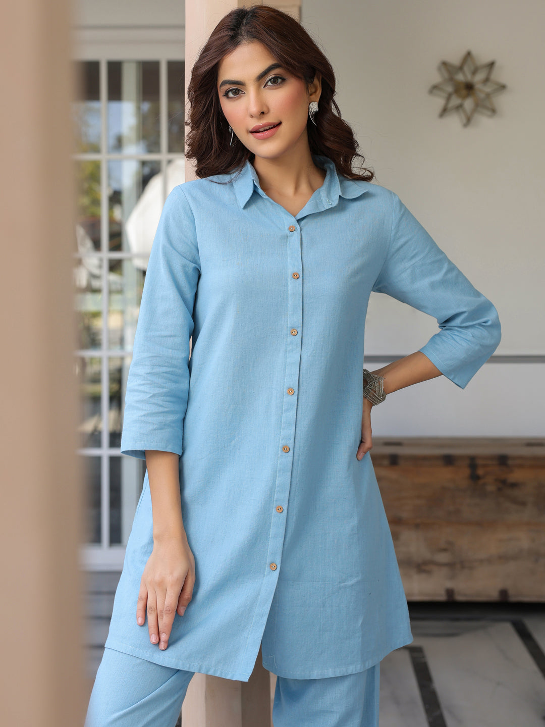 Light Blue Cotton Solid A-line Co-ord Set