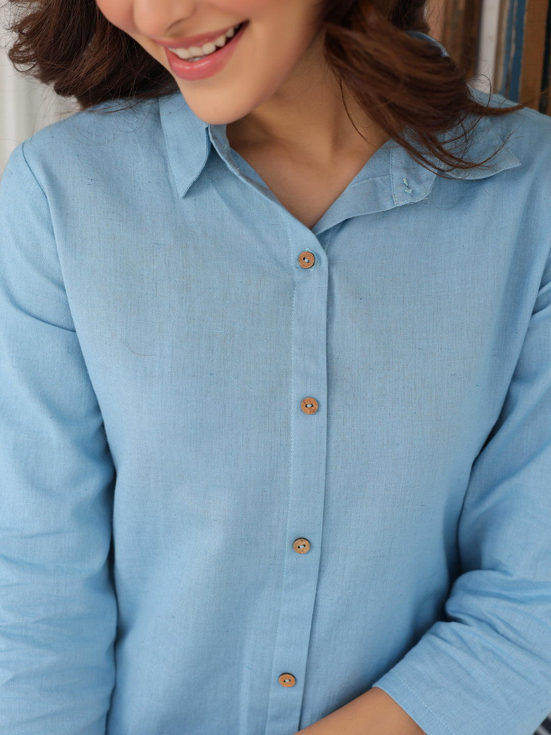 Light Blue Cotton Solid A-line Co-ord Set