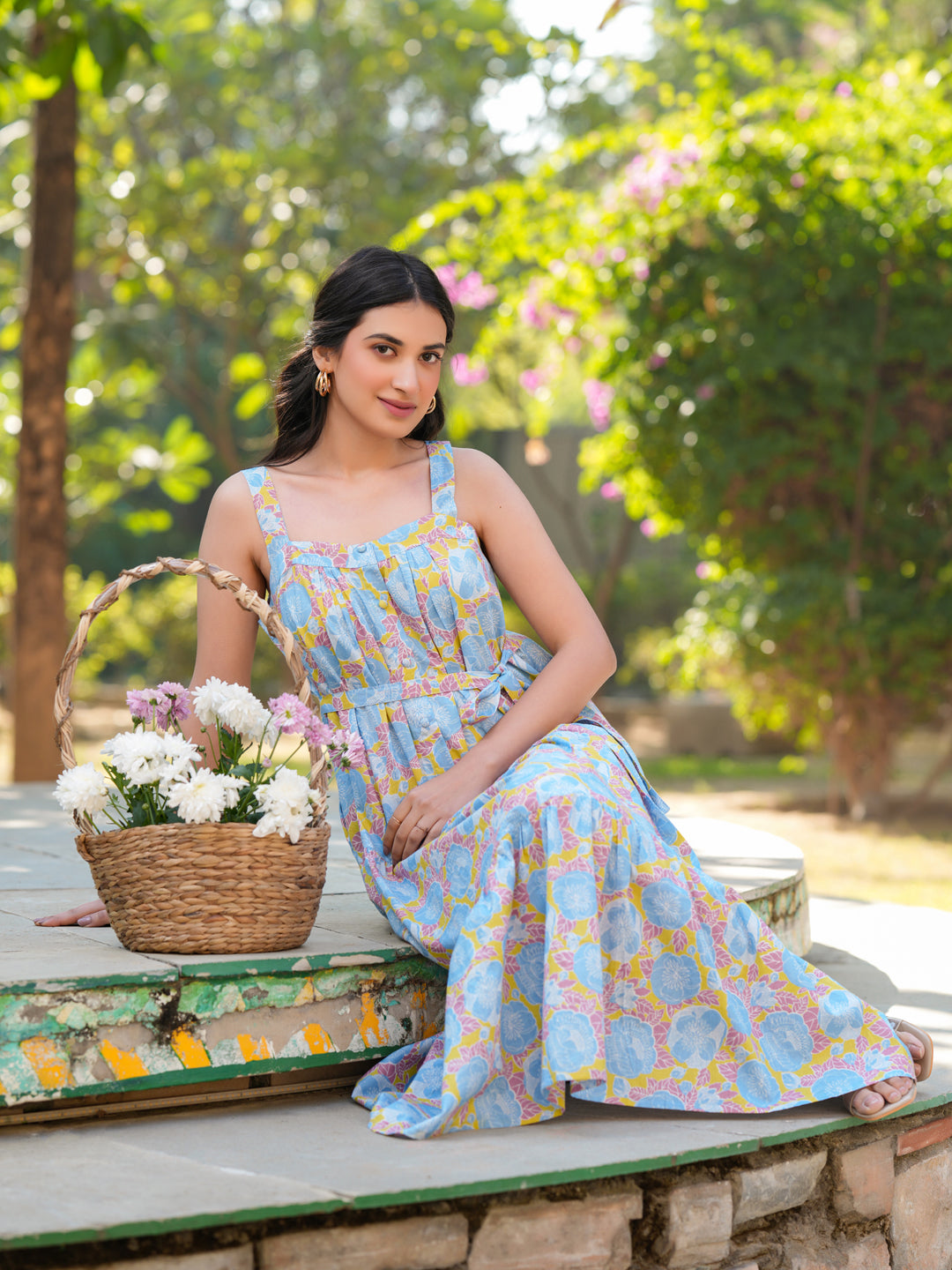 Light Blue Pure Cotton Floral Printed Tiered Dress