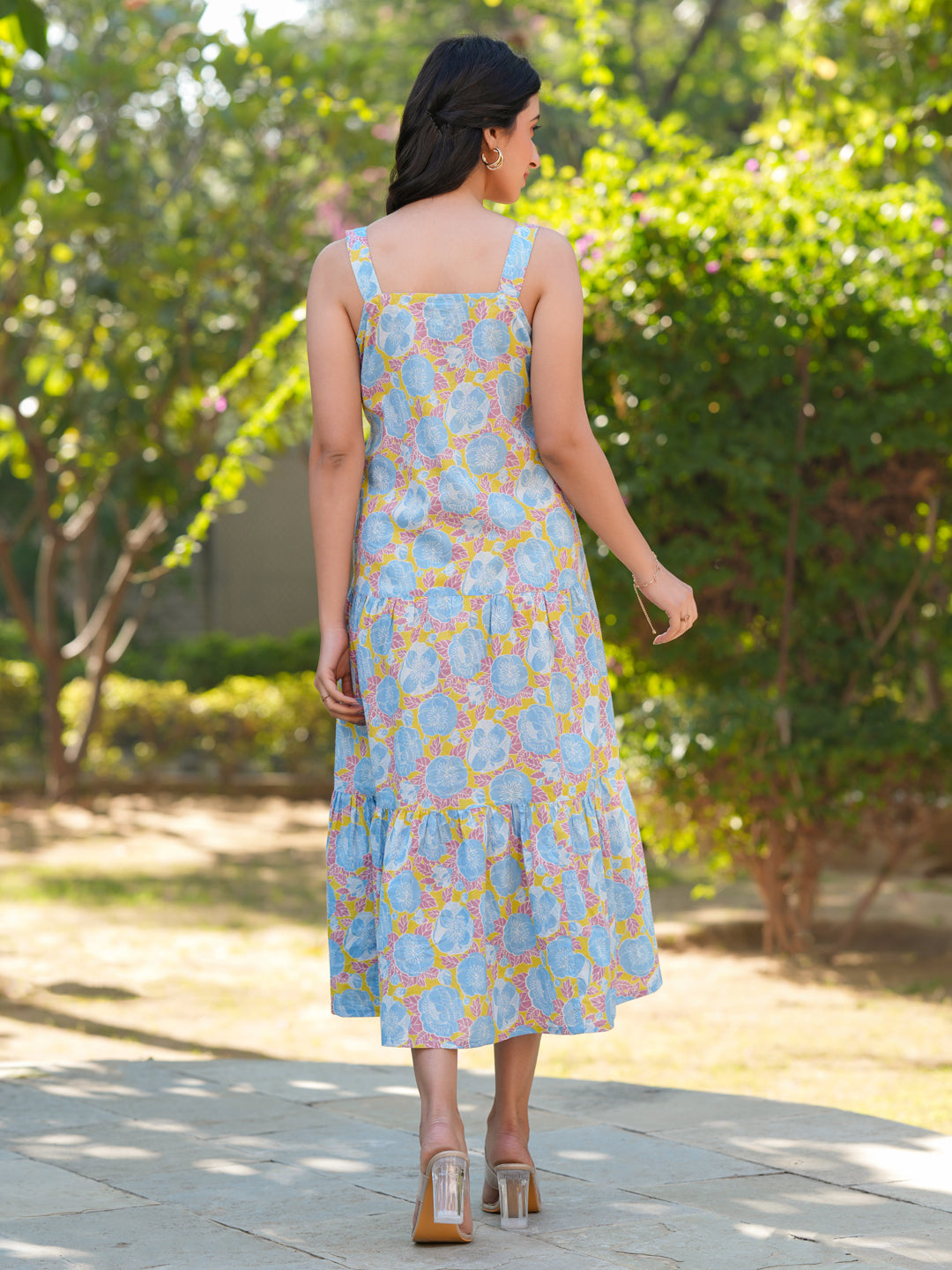 Light Blue Pure Cotton Floral Printed Tiered Dress