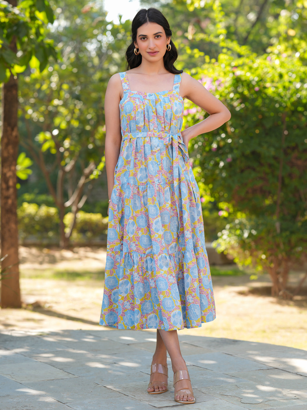 Light Blue Pure Cotton Floral Printed Tiered Dress