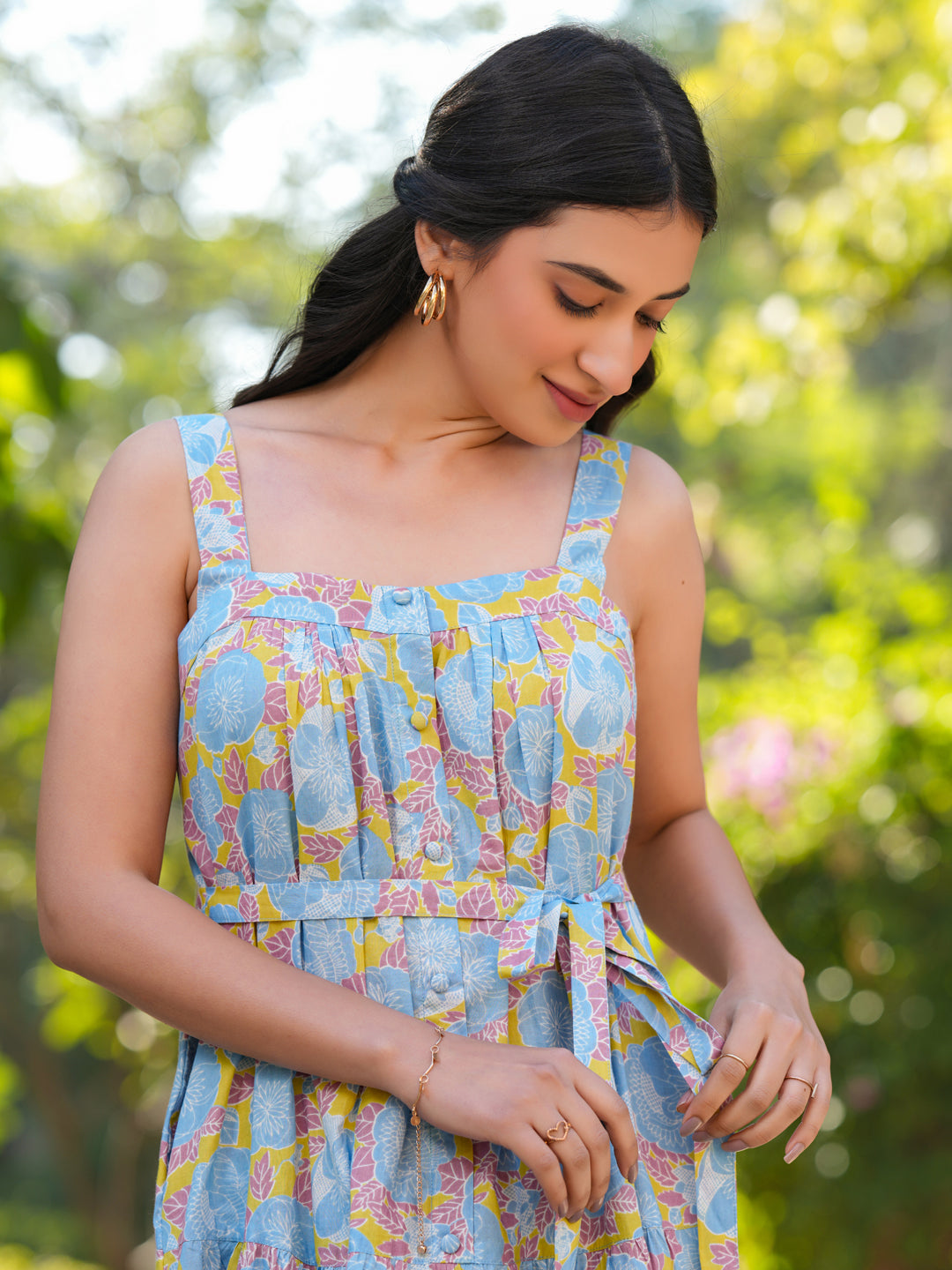 Light Blue Pure Cotton Floral Printed Tiered Dress