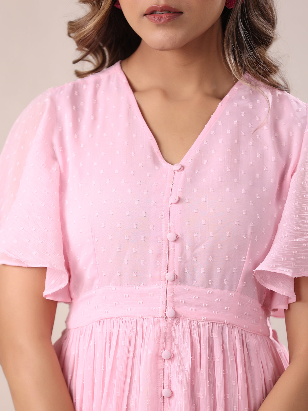 Light Pink Dobby Chiffon Self Design A-line Dress