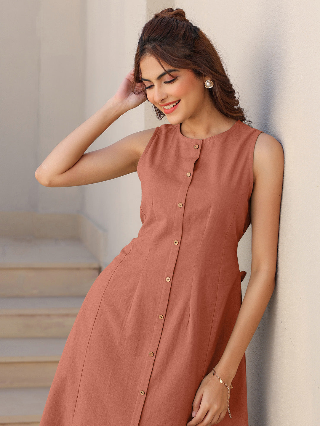 Rust Cotton Solid A-line Dress