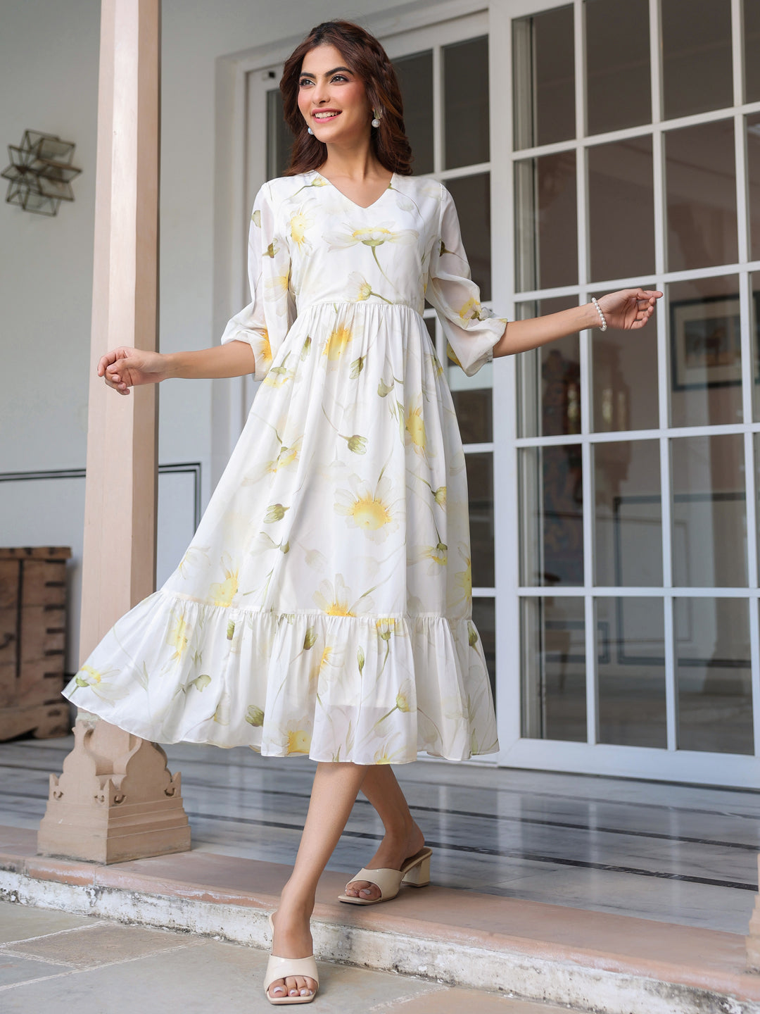 White Georgette Floral Printed Tiered Dress