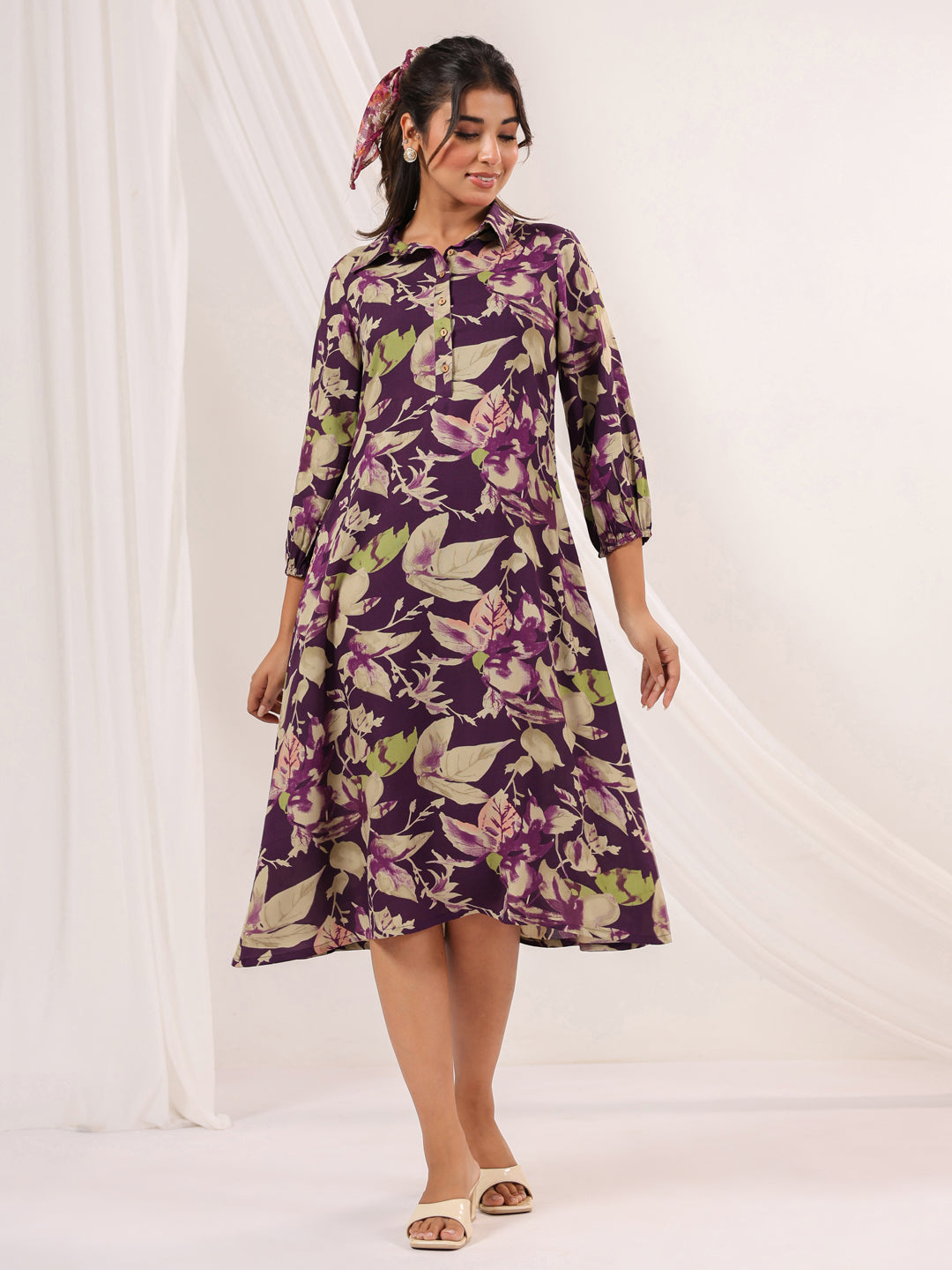 Janasya Women's Purple Rayon Floral Printed A-line Dress