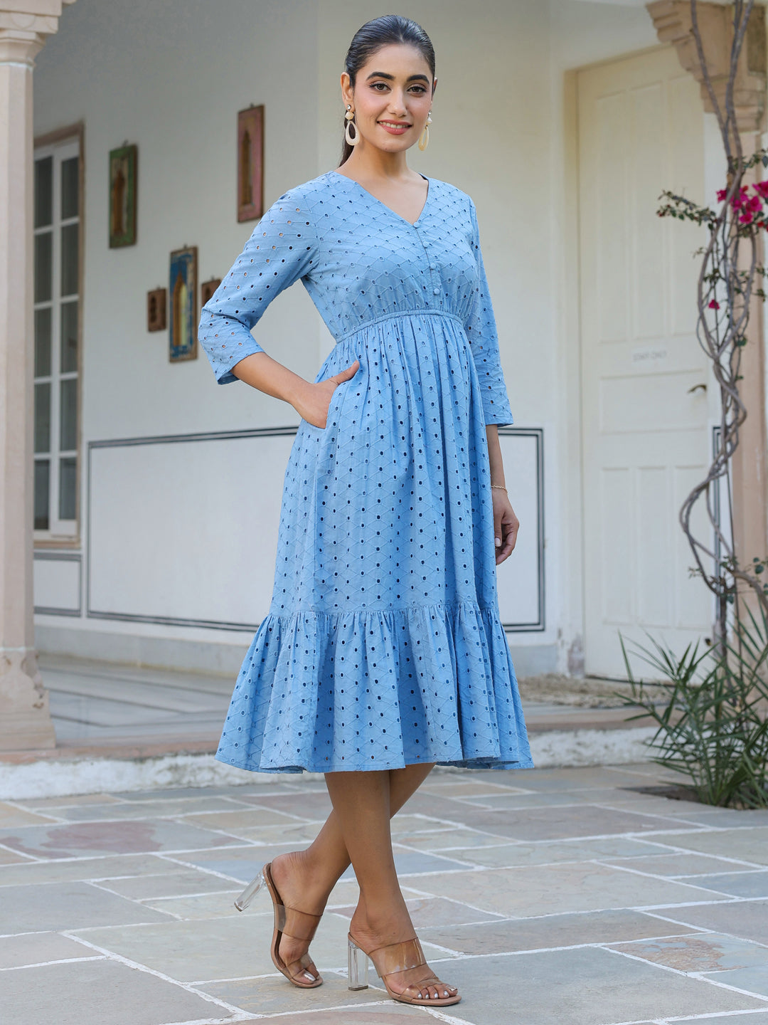 Janasya Women's Blue Pure Cotton Schiffli Fit & Flare Dress