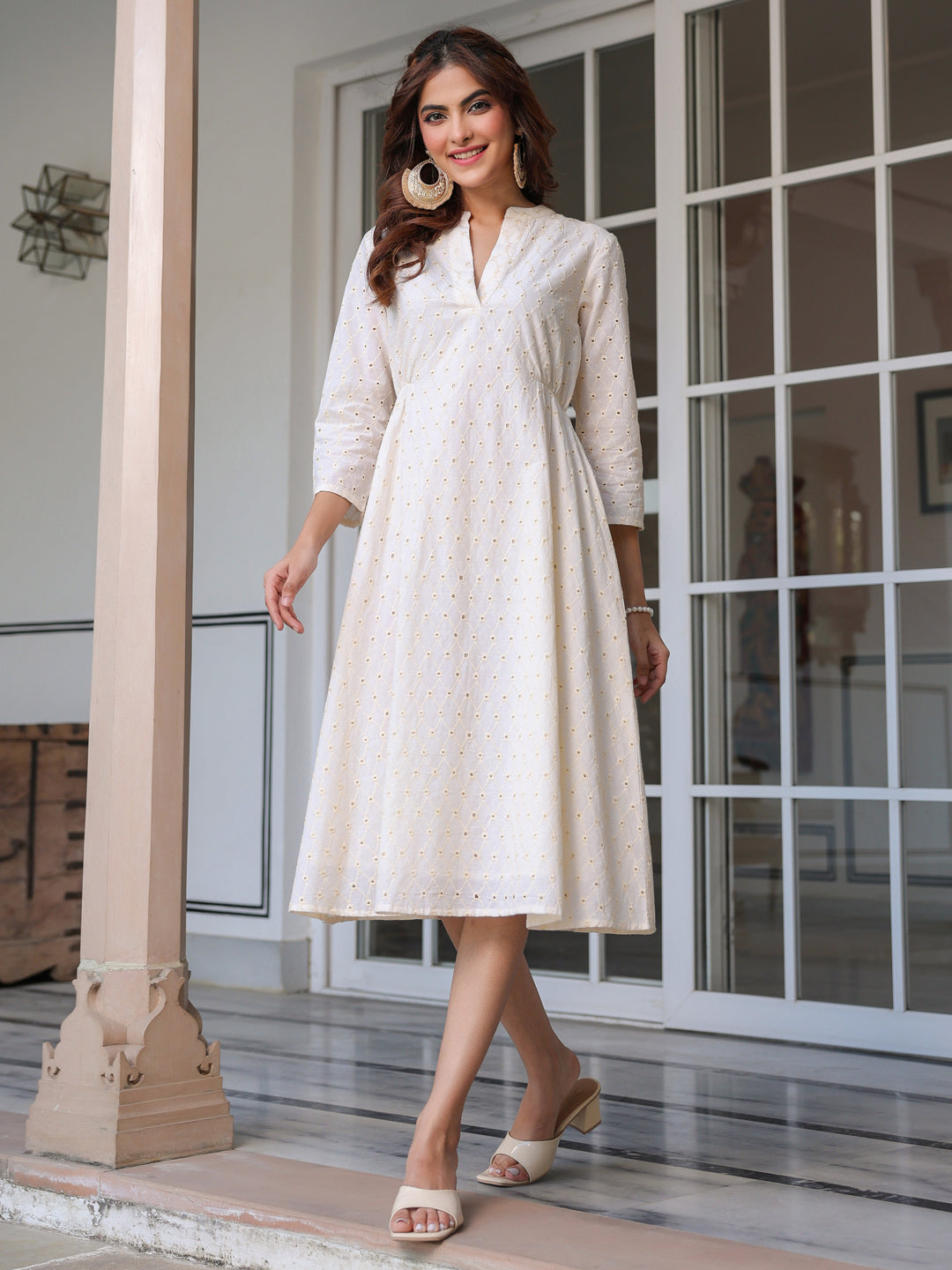 Off White Pure Cotton Schiffli A-line Dress