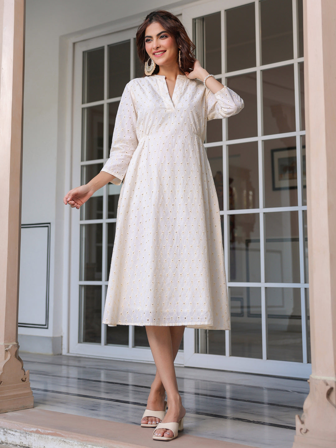 Off White Pure Cotton Schiffli A-line Dress