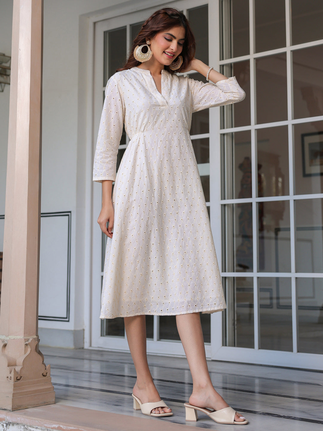 Off White Pure Cotton Schiffli A-line Dress