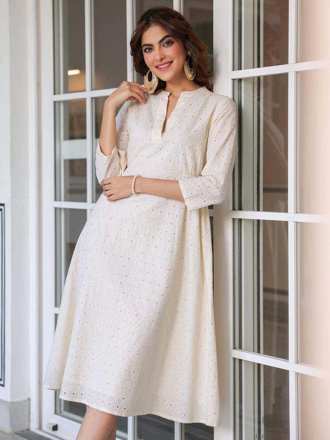 Off White Pure Cotton Schiffli A-line Dress