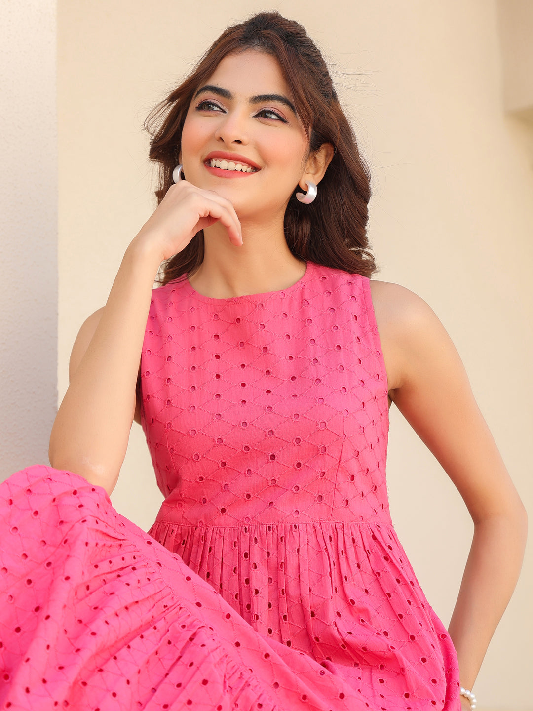 Pink Pure Cotton Schiffli Fit & Flare Dress  Threadbucket Studio LLP