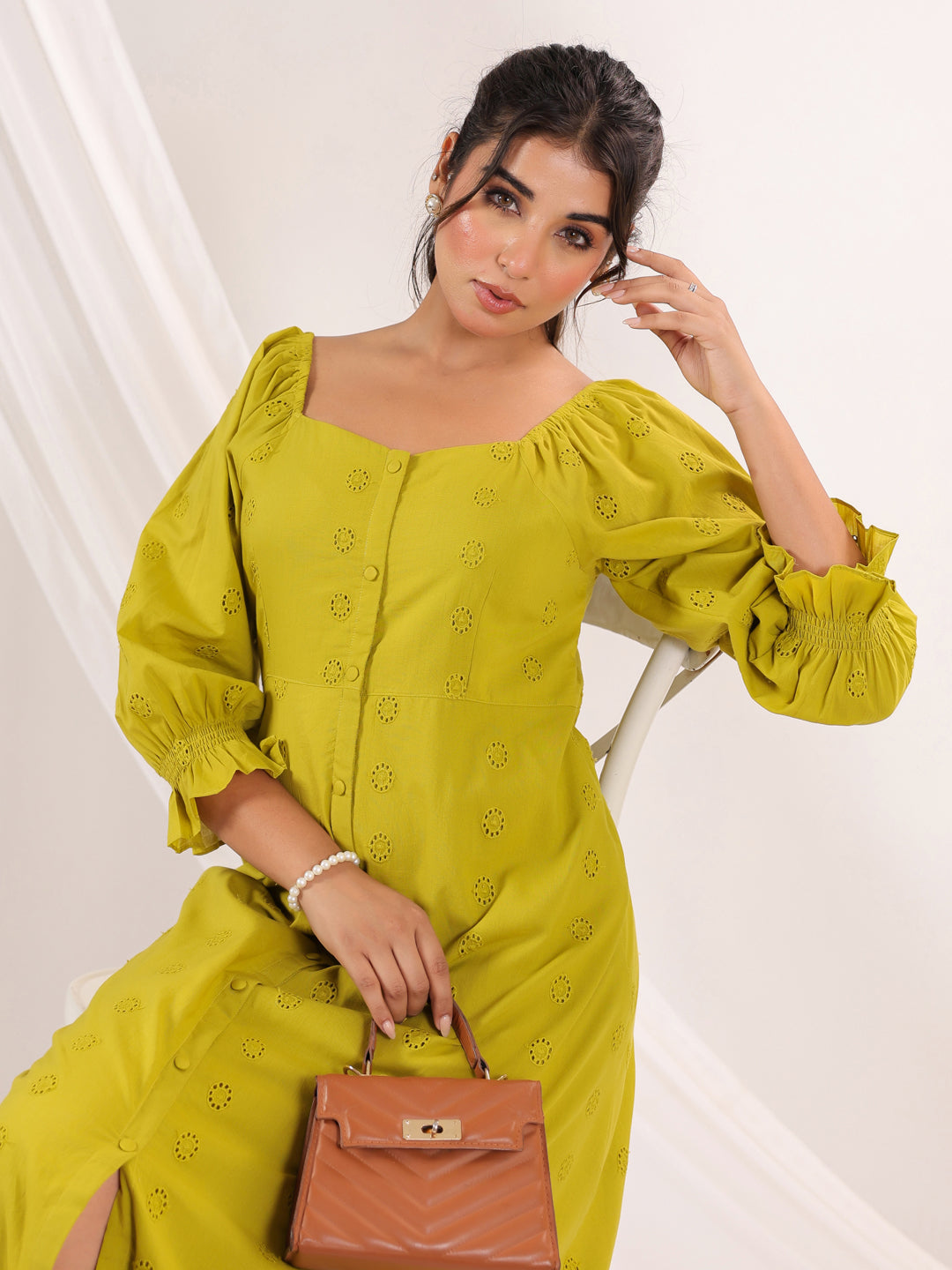 Janasya Women's Lime Green Pure Cotton Schiffli A-line Dress