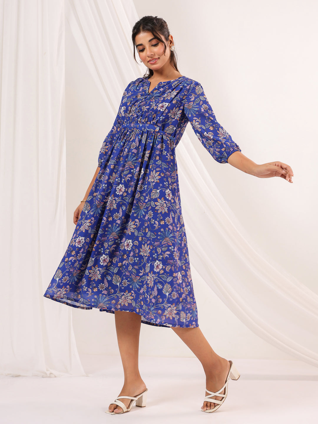 Janasya Women's Blue Georgette Floral Printed A-line Dress