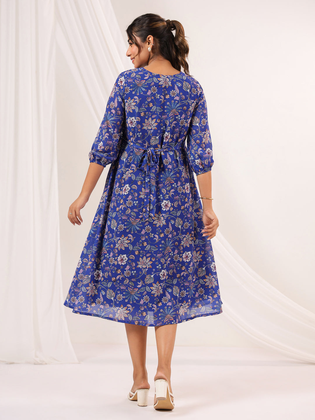 Janasya Women's Blue Georgette Floral Printed A-line Dress