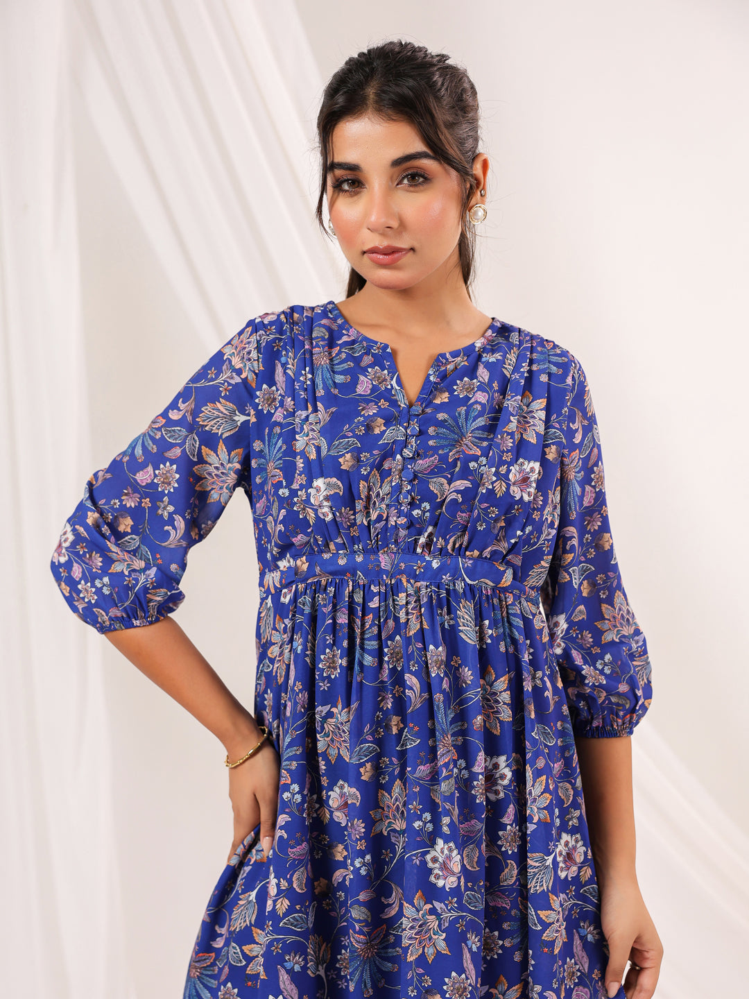 Janasya Women's Blue Georgette Floral Printed A-line Dress