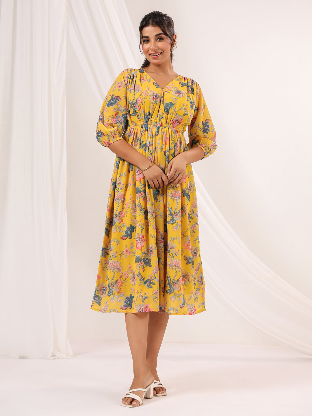 Janasya Women's Yellow Georgette Floral Printed A-line Dress