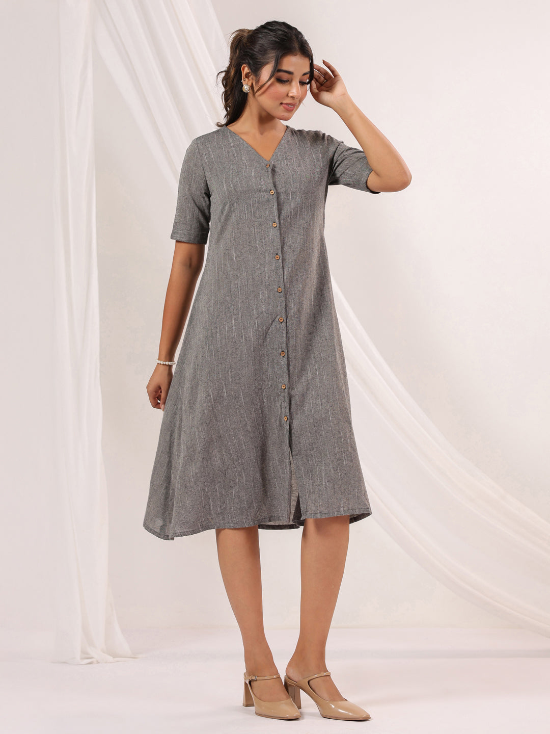 Janasya Women's Dark Grey Cotton Solid A-line Button Down Dress
