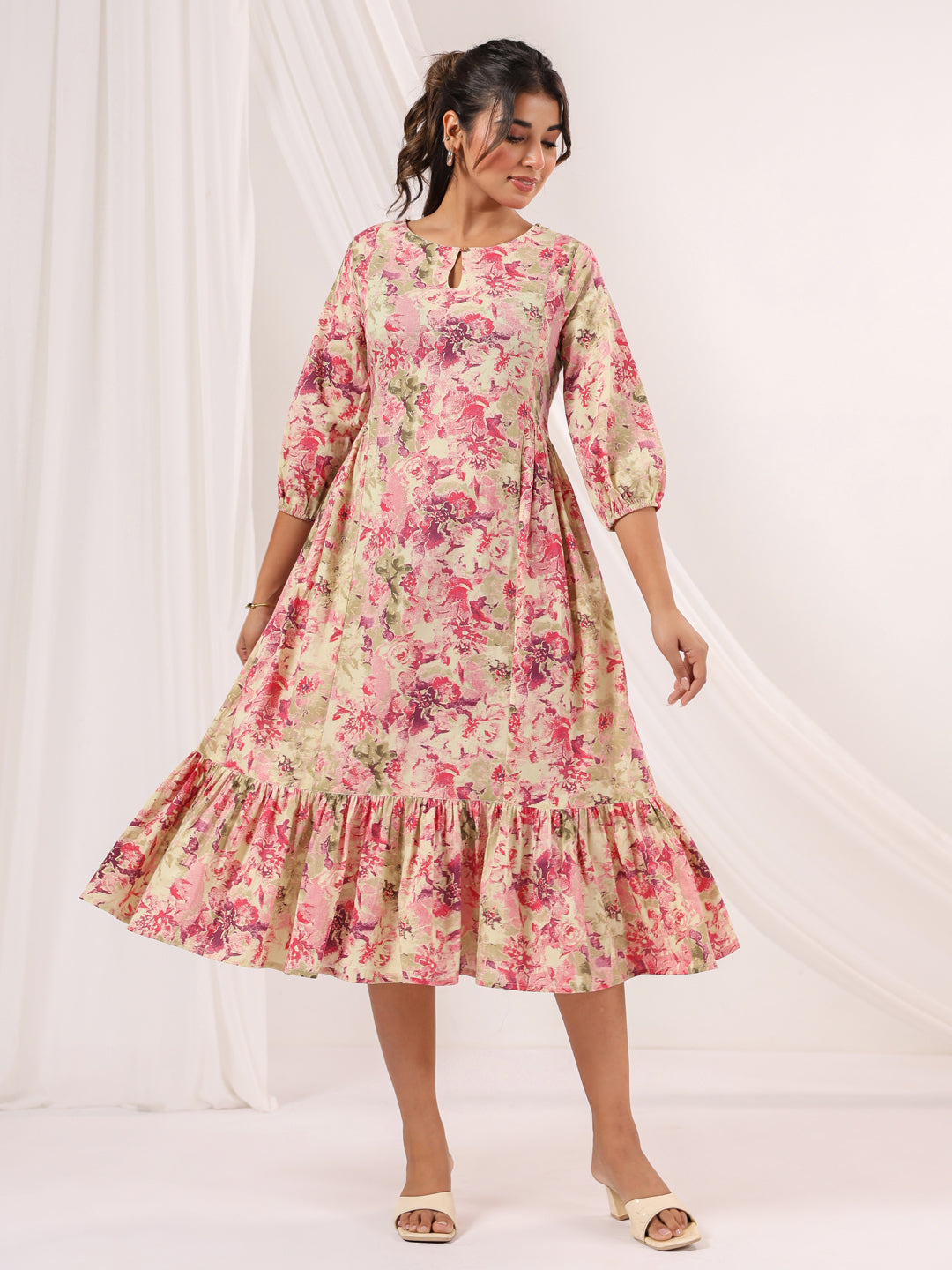 Janasya Women's Pink Pure Cotton Floral Printed A-line Dress