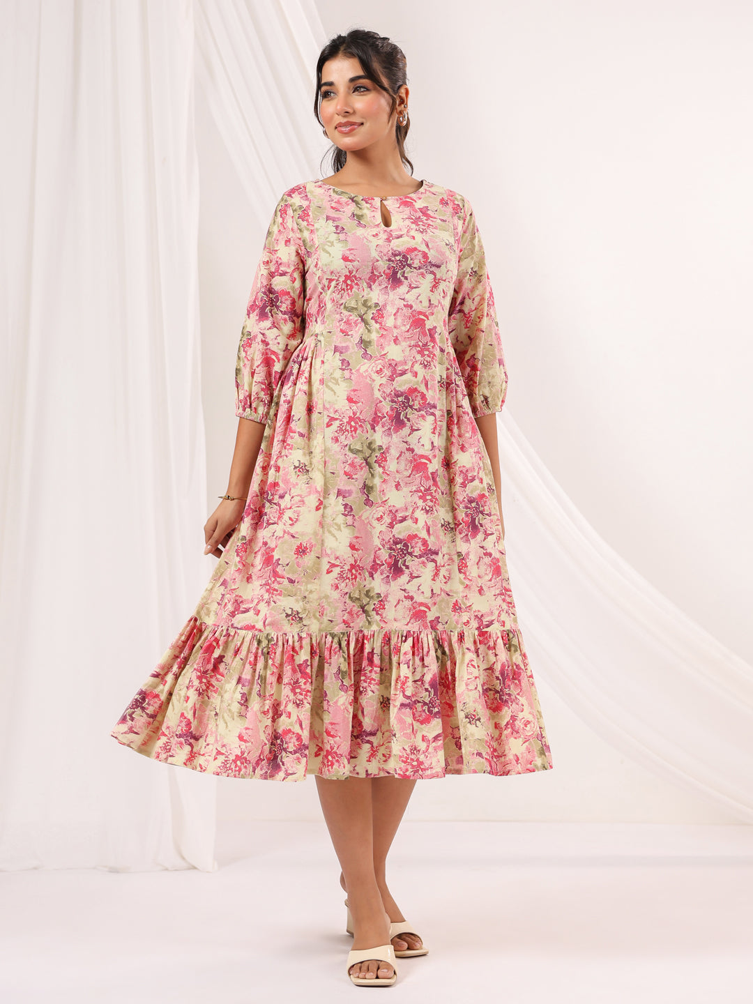 Janasya Women's Pink Pure Cotton Floral Printed A-line Dress
