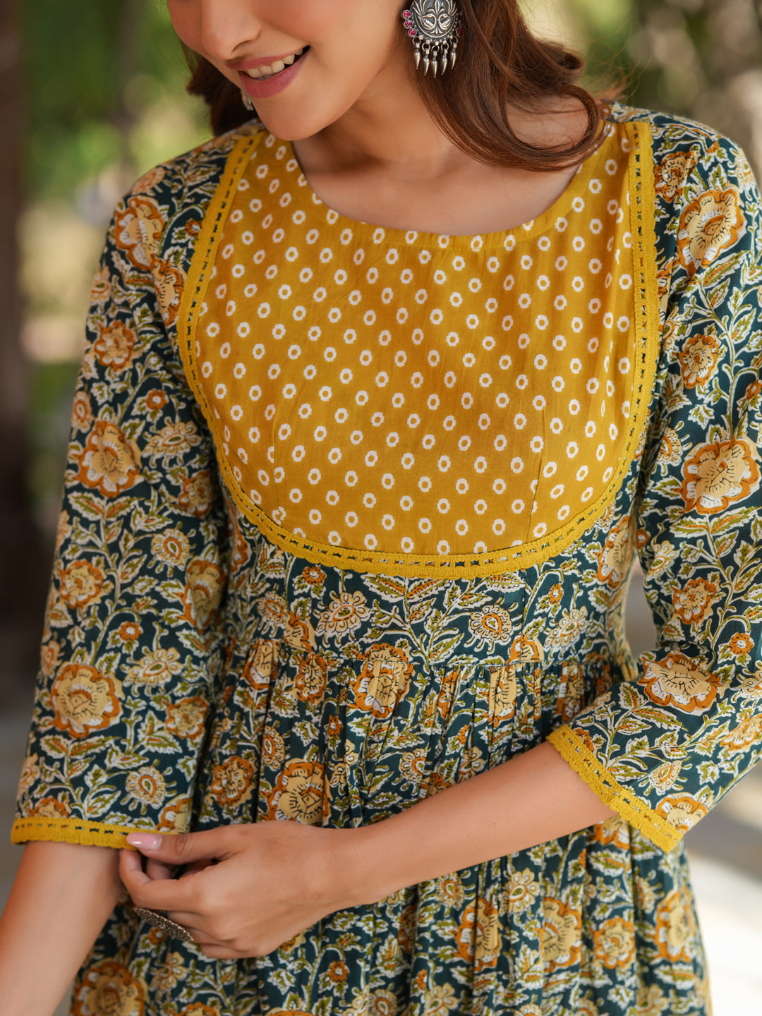 Bottle Green Pure Cotton Floral Printed A-line Kurta Pant Set