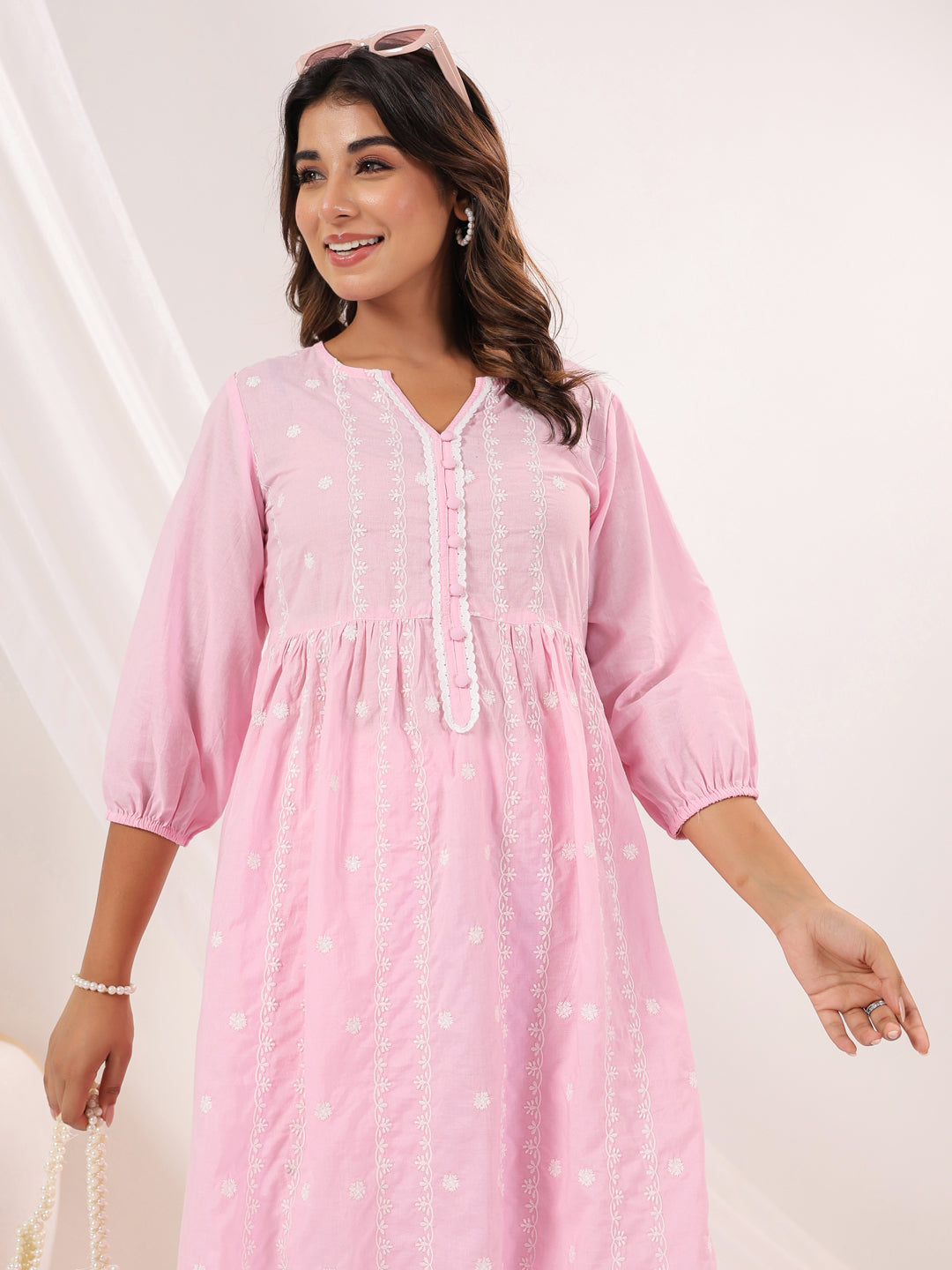Janasya Women's Pink Pure Cotton Embroidered A-line Kurta Pant Set