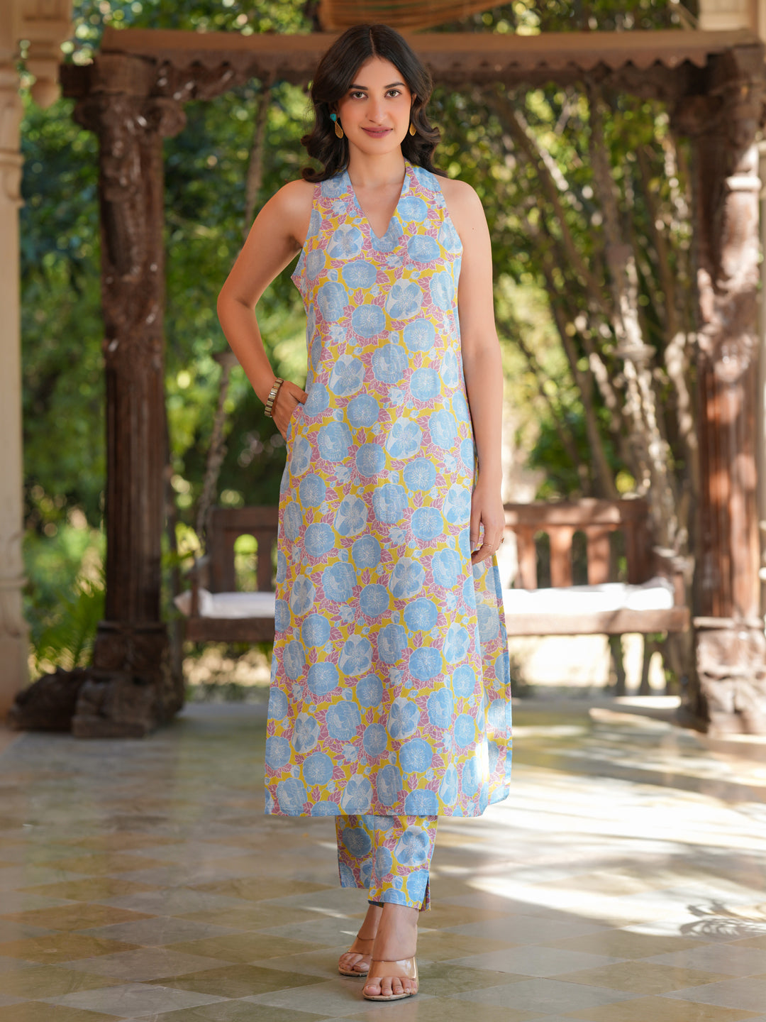 Blue Pure Cotton Floral Printed Straight Kurta Pant Set