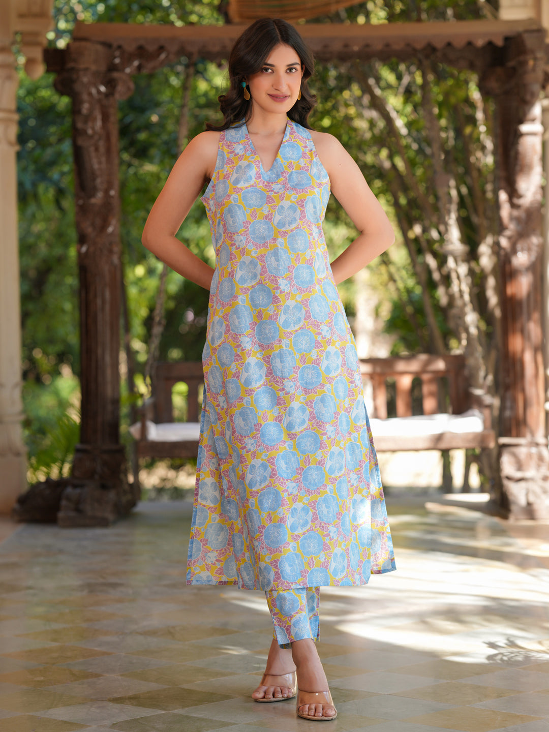 Blue Pure Cotton Floral Printed Straight Kurta Pant Set