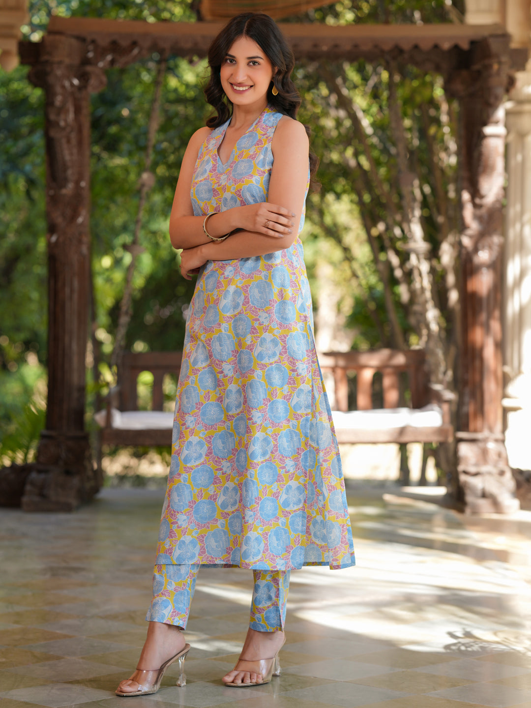 Blue Pure Cotton Floral Printed Straight Kurta Pant Set