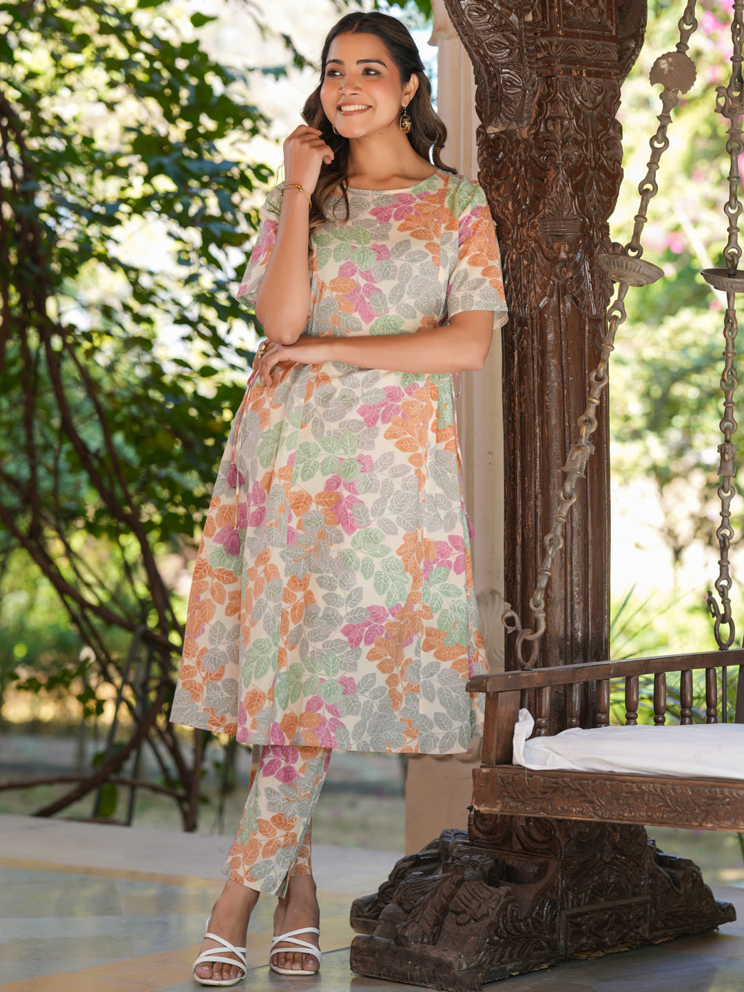 Cream Pure Cotton Floral Printed A-line Kurta Pant Set