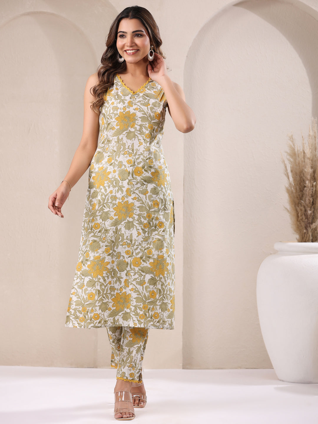 White Pure Cotton Floral Printed Straight Kurta Set